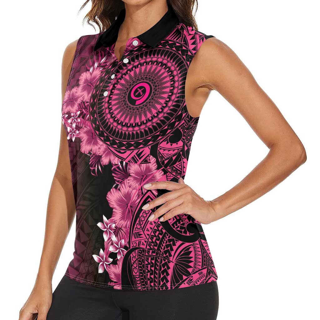 Vanuatu Women Sleeveless Polo Shirt Hibisus Polynesian Pattern Pink - Polynesian Pride