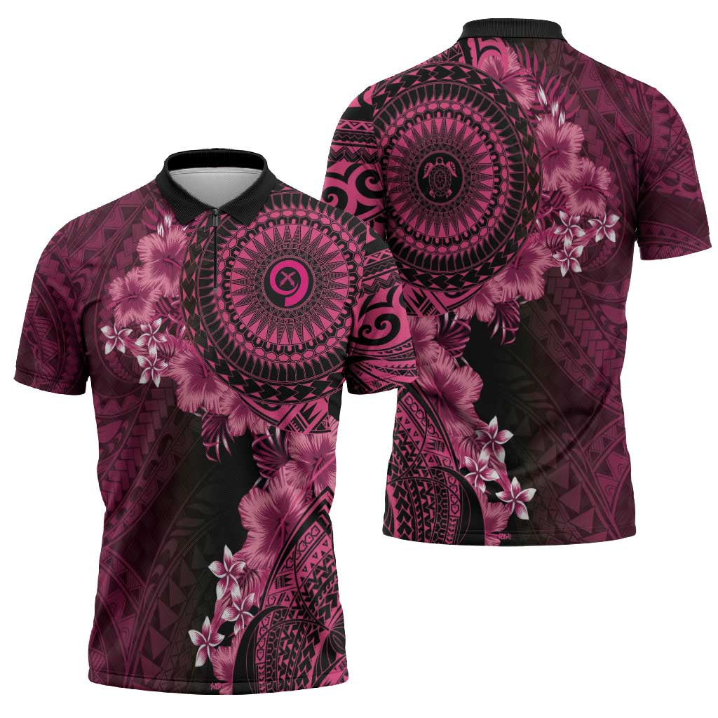 Vanuatu Zipper Polo Shirt Hibisus Polynesian Pattern Pink - Polynesian Pride