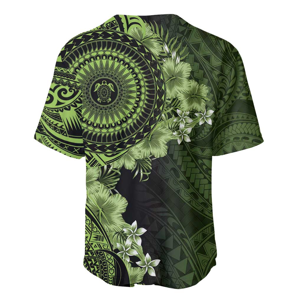 Vanuatu Baseball Jersey Hibisus Polynesian Pattern Green - Polynesian Pride