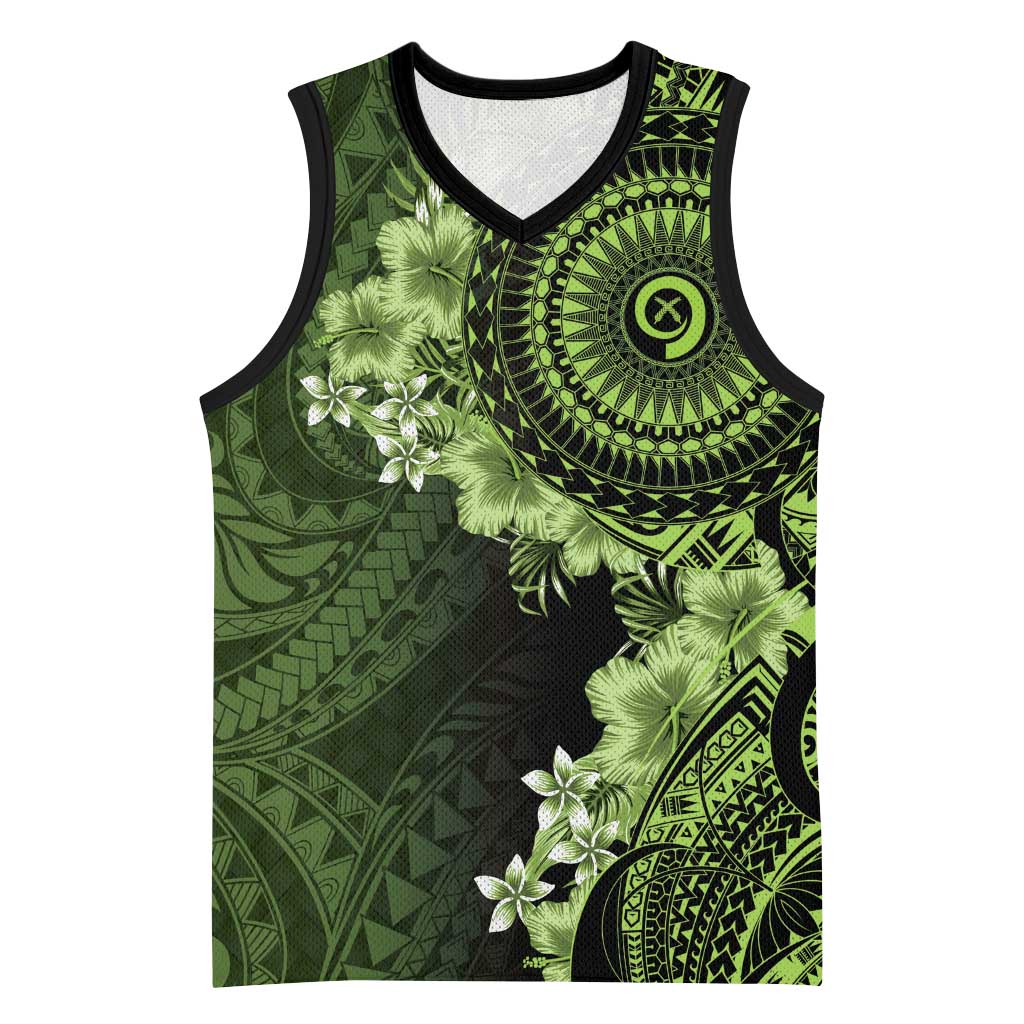 Vanuatu Basketball Jersey Hibisus Polynesian Pattern Green - Polynesian Pride