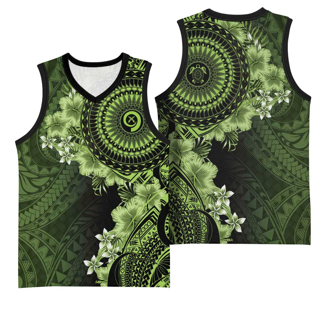Vanuatu Basketball Jersey Hibisus Polynesian Pattern Green - Polynesian Pride