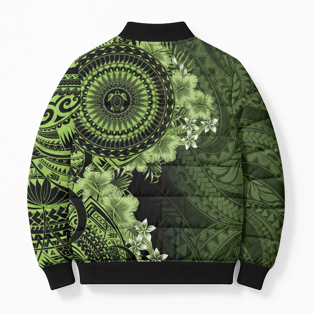 Vanuatu Bomber Puffer Jacket Hibisus Polynesian Pattern Green - Polynesian Pride