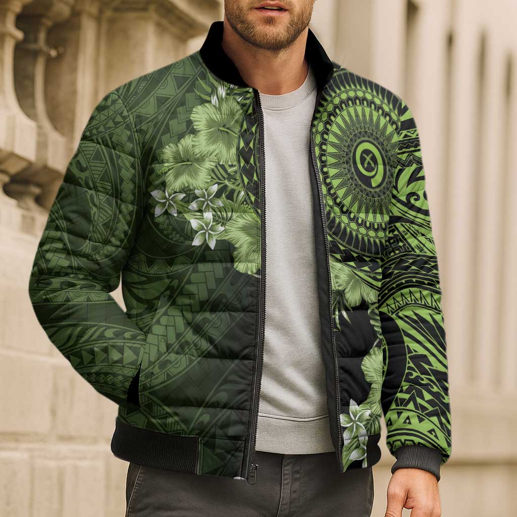 Vanuatu Bomber Puffer Jacket Hibisus Polynesian Pattern Green - Polynesian Pride