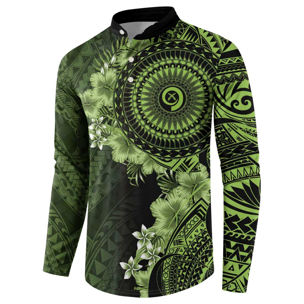 Vanuatu Button Sweatshirt Hibisus Polynesian Pattern Green - Polynesian Pride