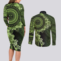 Vanuatu Couples Matching Long Sleeve Bodycon Dress and Long Sleeve Button Shirt Hibisus Polynesian Pattern Green - Polynesian Pride