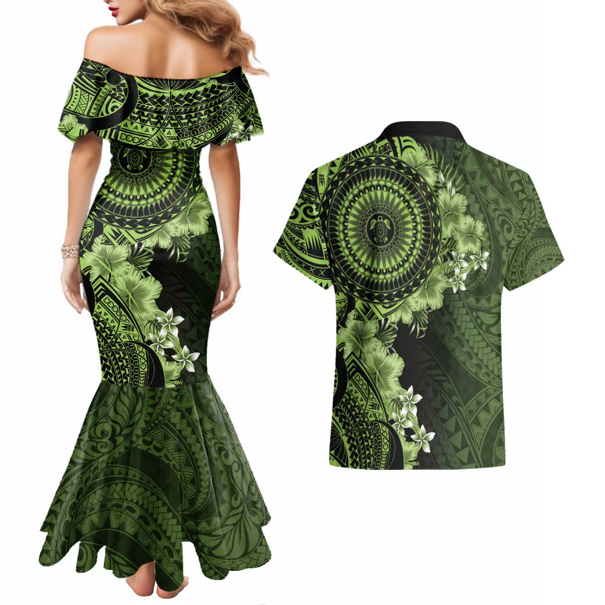 Vanuatu Couples Matching Mermaid Dress and Hawaiian Shirt Hibisus Polynesian Pattern Green - Polynesian Pride