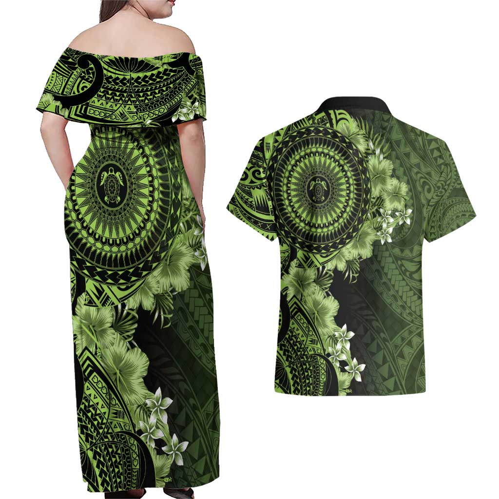 Vanuatu Couples Matching Off Shoulder Maxi Dress and Hawaiian Shirt Hibisus Polynesian Pattern Green - Polynesian Pride