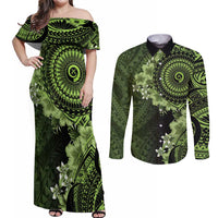 Vanuatu Couples Matching Off Shoulder Maxi Dress and Long Sleeve Button Shirt Hibisus Polynesian Pattern Green - Polynesian Pride