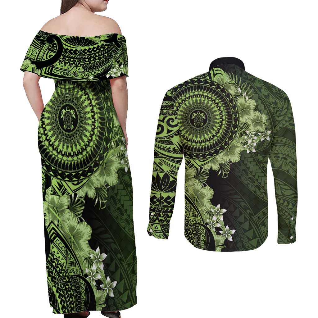 Vanuatu Couples Matching Off Shoulder Maxi Dress and Long Sleeve Button Shirt Hibisus Polynesian Pattern Green - Polynesian Pride