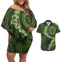 Vanuatu Couples Matching Off Shoulder Short Dress and Hawaiian Shirt Hibisus Polynesian Pattern Green - Polynesian Pride