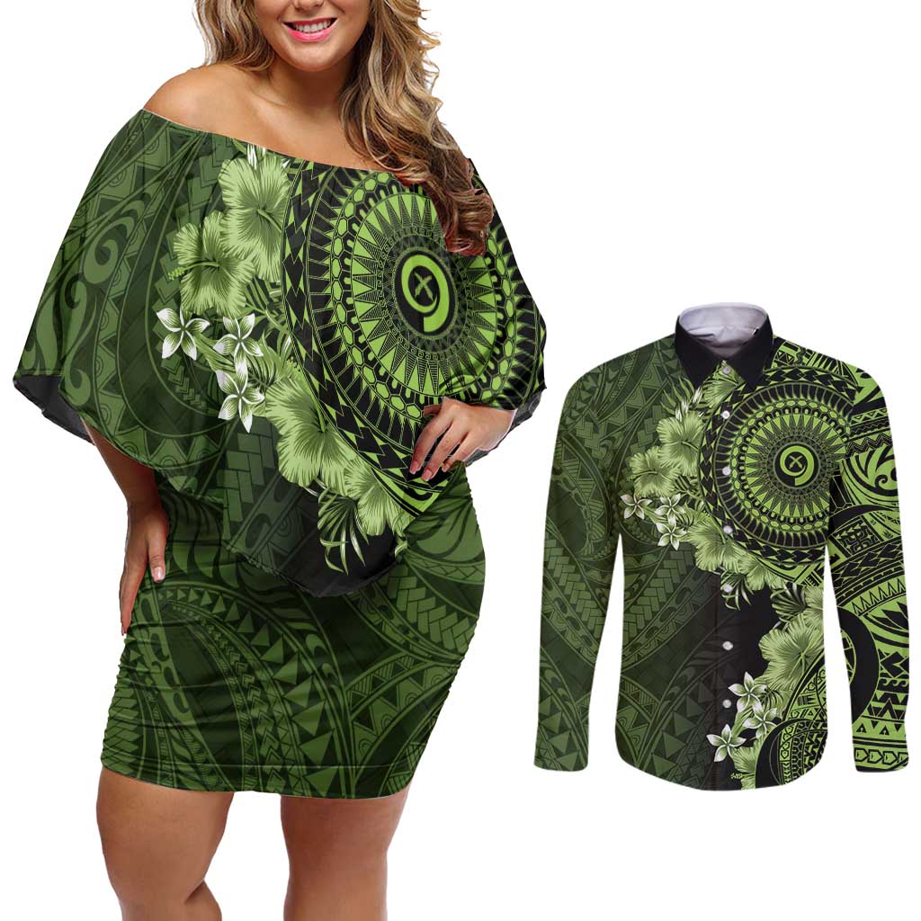 Vanuatu Couples Matching Off Shoulder Short Dress and Long Sleeve Button Shirt Hibisus Polynesian Pattern Green - Polynesian Pride