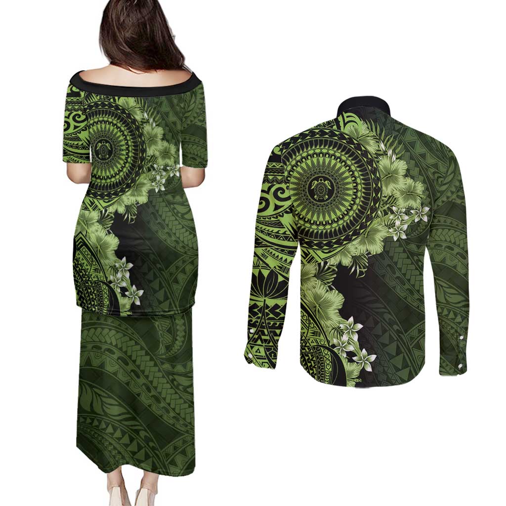 Vanuatu Couples Matching Puletasi and Long Sleeve Button Shirt Hibisus Polynesian Pattern Green - Polynesian Pride