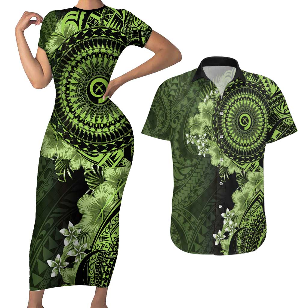 Vanuatu Couples Matching Short Sleeve Bodycon Dress and Hawaiian Shirt Hibisus Polynesian Pattern Green - Polynesian Pride