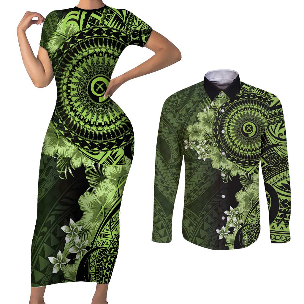 Vanuatu Couples Matching Short Sleeve Bodycon Dress and Long Sleeve Button Shirt Hibisus Polynesian Pattern Green - Polynesian Pride