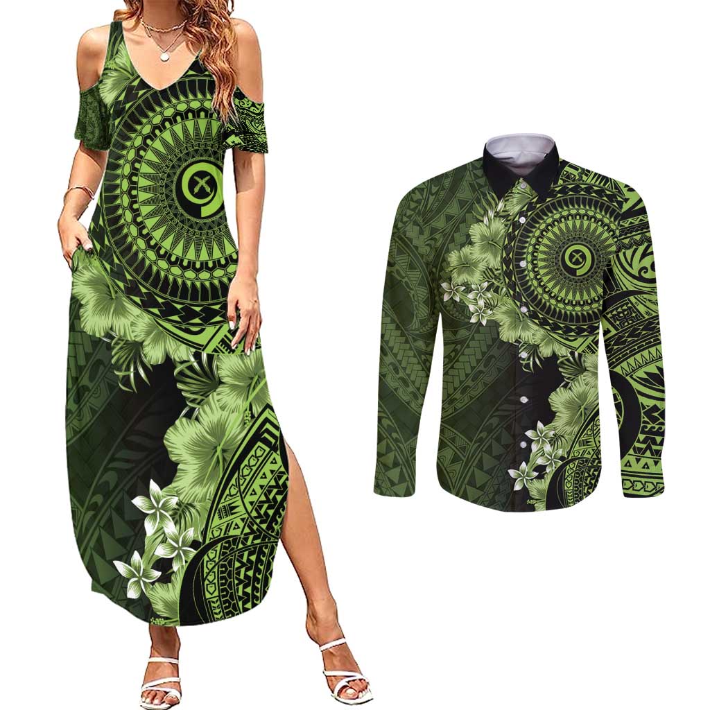 Vanuatu Couples Matching Summer Maxi Dress and Long Sleeve Button Shirt Hibisus Polynesian Pattern Green - Polynesian Pride