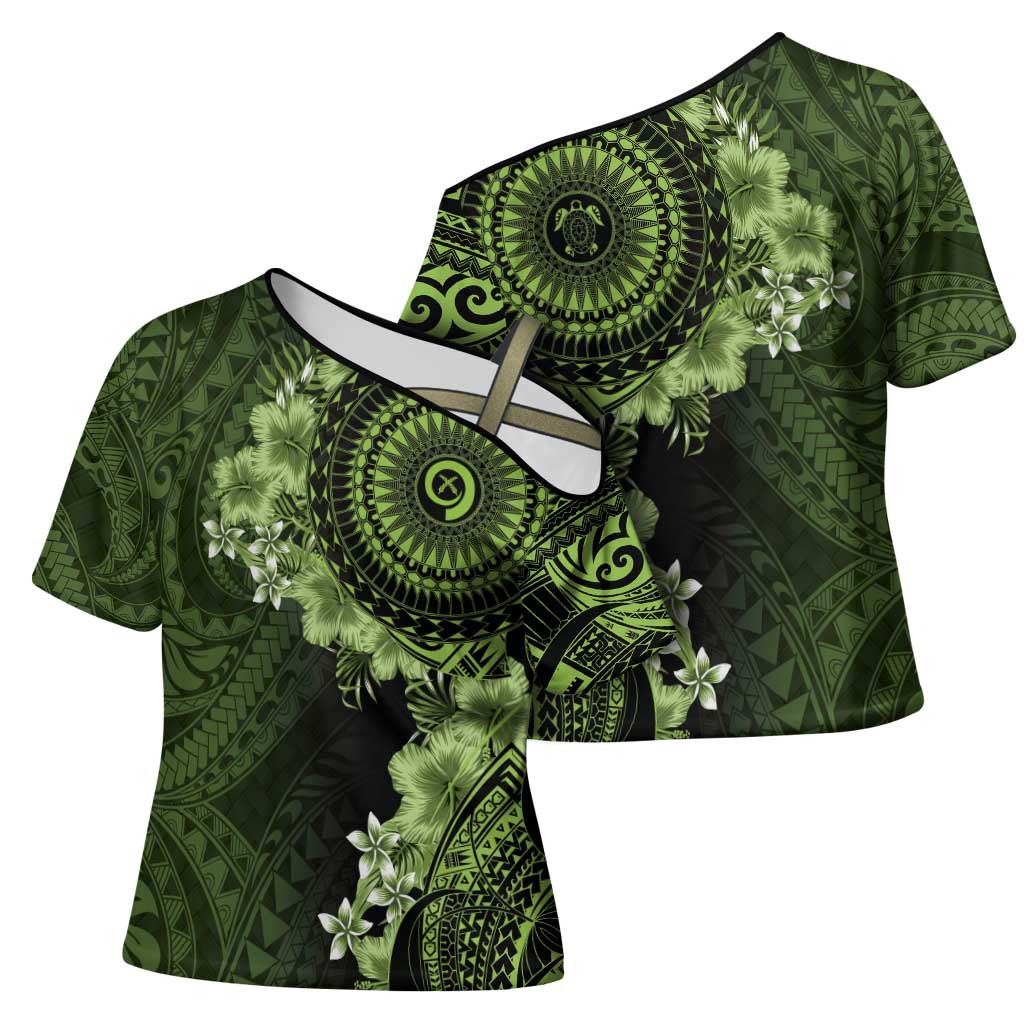 Vanuatu Cross Shoulder Shirt Hibisus Polynesian Pattern Green - Polynesian Pride