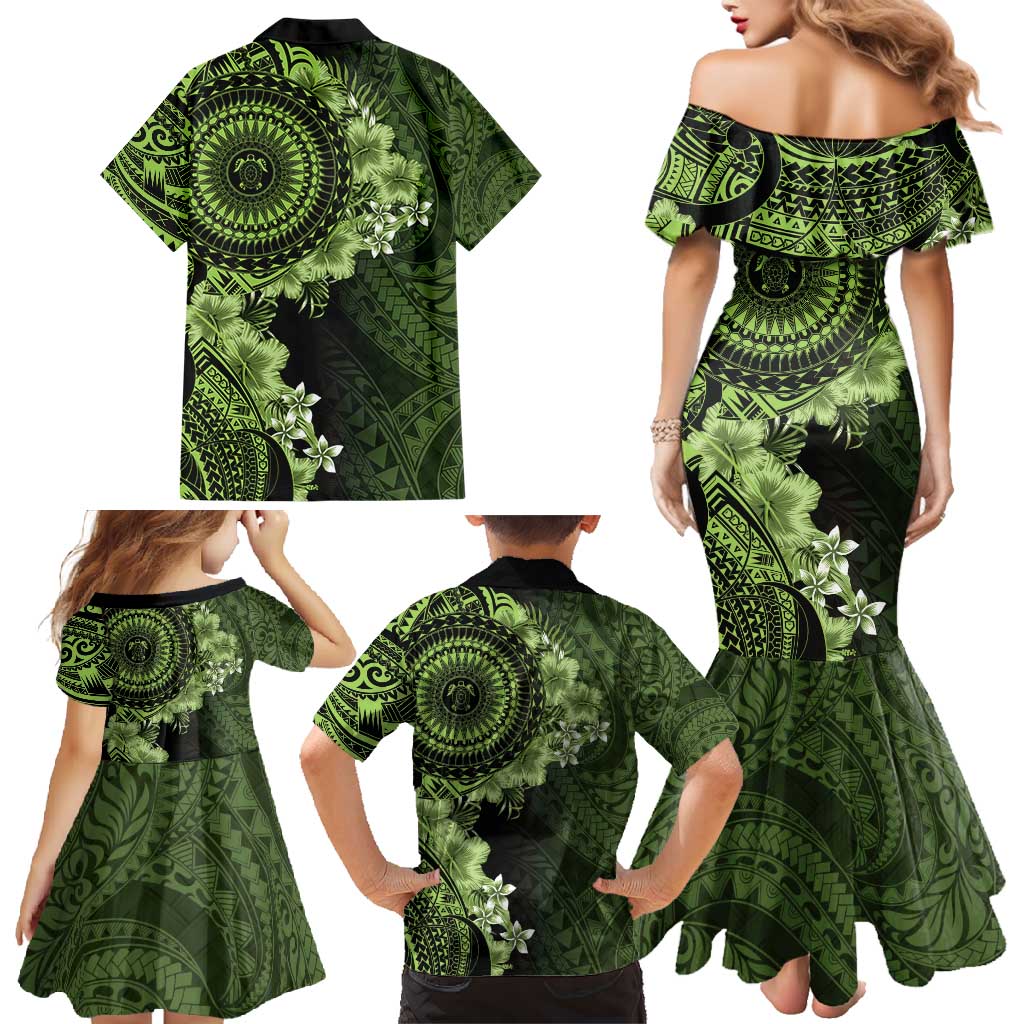 Vanuatu Family Matching Mermaid Dress and Hawaiian Shirt Hibisus Polynesian Pattern Green - Polynesian Pride