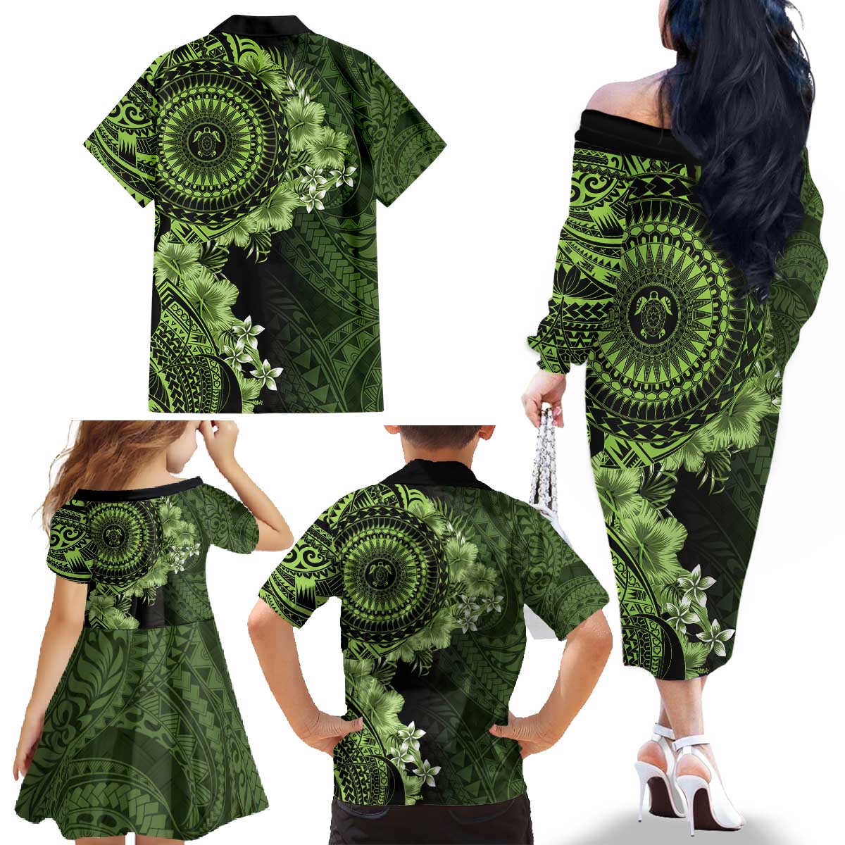 Vanuatu Family Matching Off The Shoulder Long Sleeve Dress and Hawaiian Shirt Hibisus Polynesian Pattern Green - Polynesian Pride