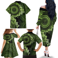 Vanuatu Family Matching Off The Shoulder Long Sleeve Dress and Hawaiian Shirt Hibisus Polynesian Pattern Green - Polynesian Pride