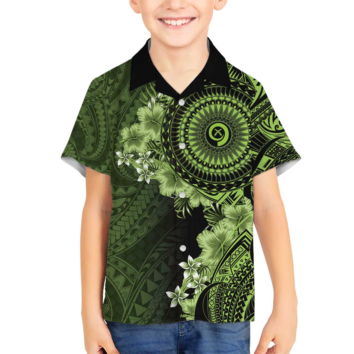 Vanuatu Family Matching Off The Shoulder Long Sleeve Dress and Hawaiian Shirt Hibisus Polynesian Pattern Green - Polynesian Pride