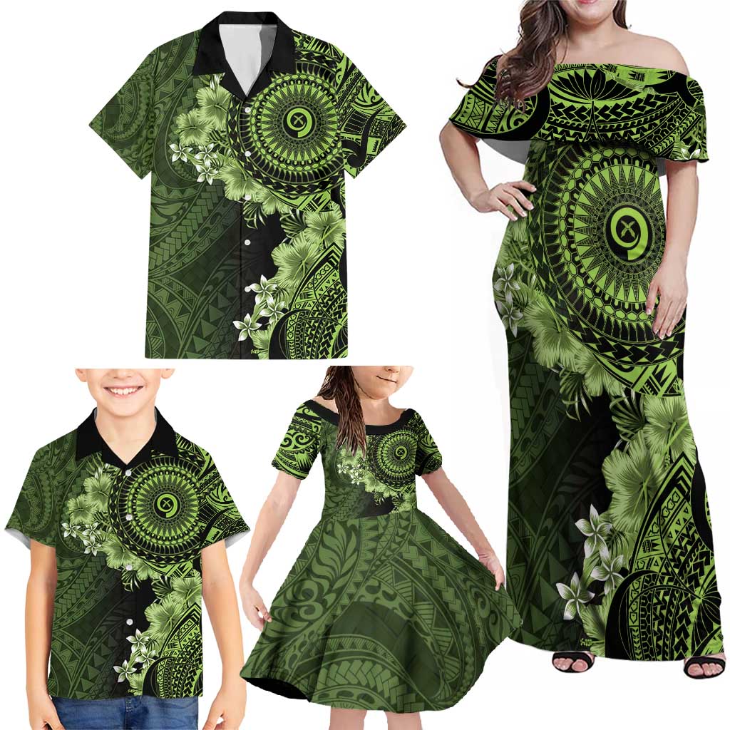 Vanuatu Family Matching Off Shoulder Maxi Dress and Hawaiian Shirt Hibisus Polynesian Pattern Green - Polynesian Pride