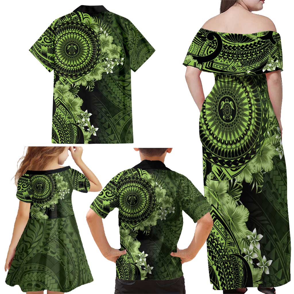 Vanuatu Family Matching Off Shoulder Maxi Dress and Hawaiian Shirt Hibisus Polynesian Pattern Green - Polynesian Pride