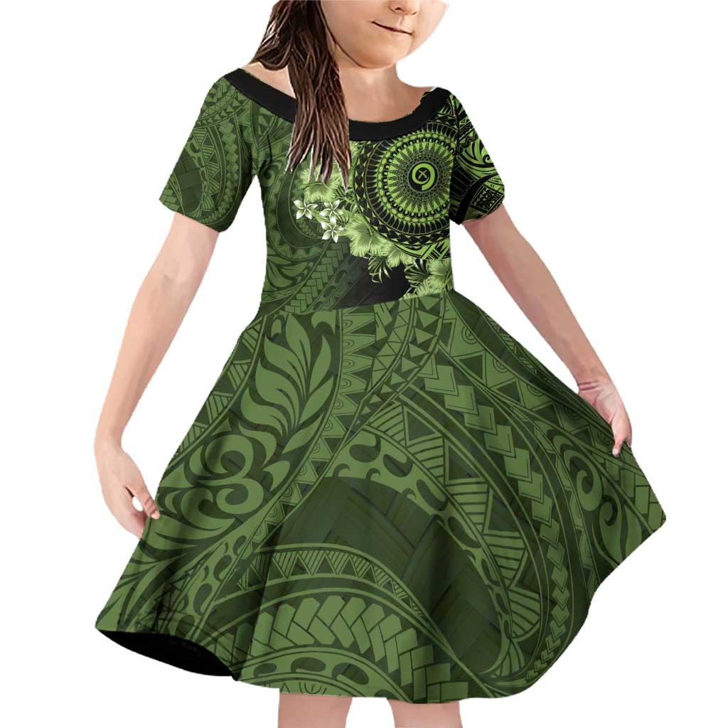 Vanuatu Family Matching Off Shoulder Short Dress and Hawaiian Shirt Hibisus Polynesian Pattern Green LT14 Daughter's Dress Green - Polynesian Pride