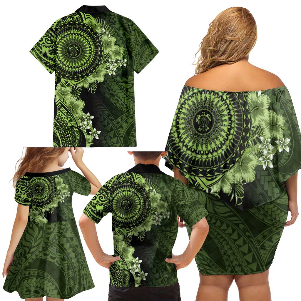 Vanuatu Family Matching Off Shoulder Short Dress and Hawaiian Shirt Hibisus Polynesian Pattern Green LT14 - Polynesian Pride