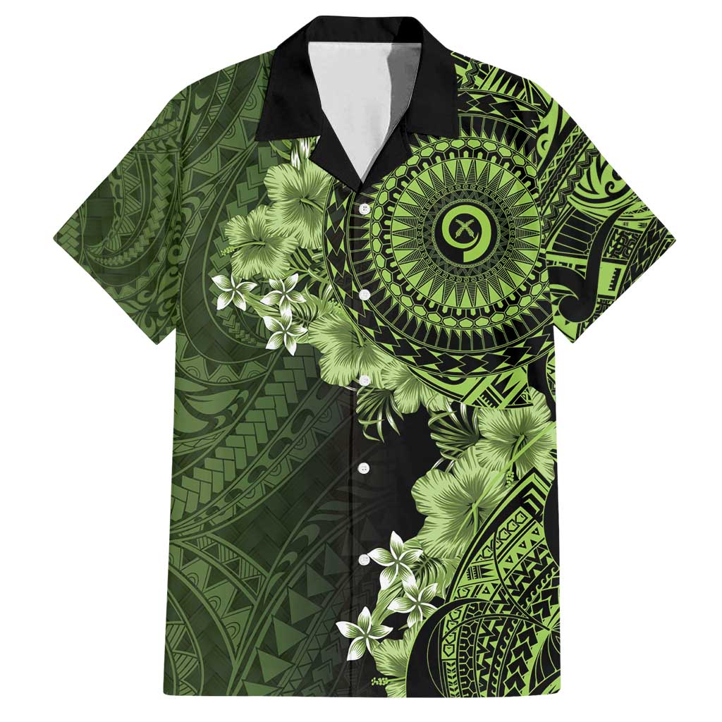 Vanuatu Family Matching Off Shoulder Short Dress and Hawaiian Shirt Hibisus Polynesian Pattern Green LT14 Dad's Shirt - Short Sleeve Green - Polynesian Pride
