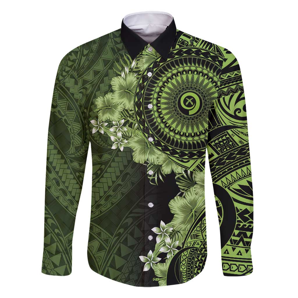 Vanuatu Family Matching Off Shoulder Short Dress and Hawaiian Shirt Hibisus Polynesian Pattern Green LT14 Dad's Shirt - Long Sleeve Green - Polynesian Pride