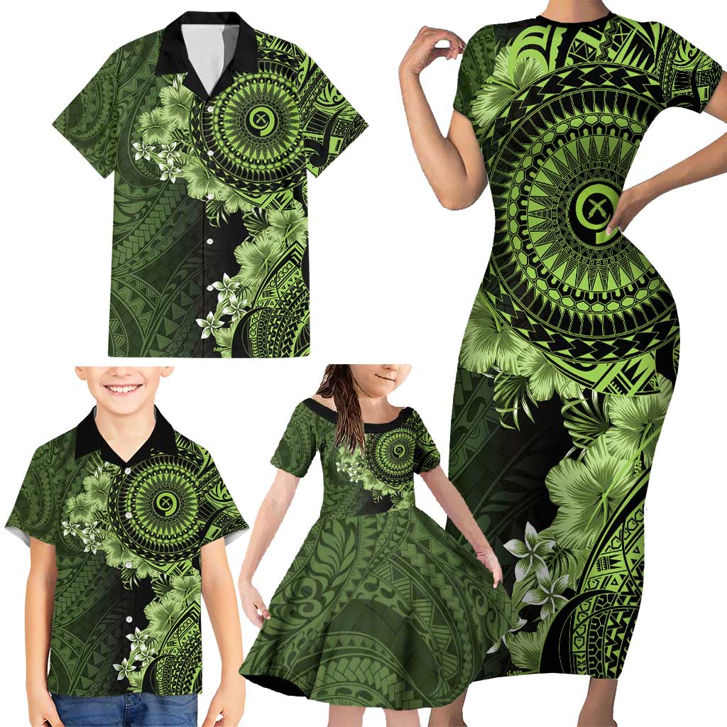 Vanuatu Family Matching Short Sleeve Bodycon Dress and Hawaiian Shirt Hibisus Polynesian Pattern Green - Polynesian Pride