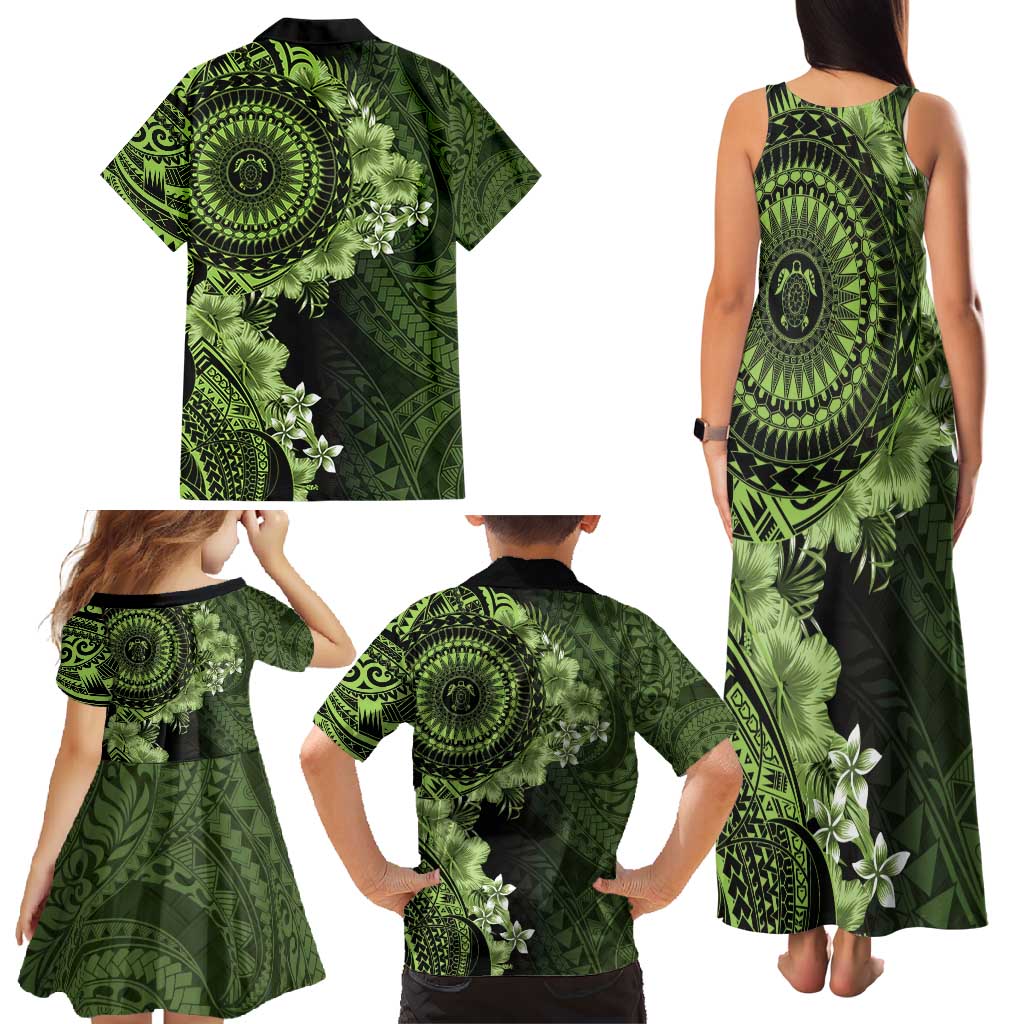 Vanuatu Family Matching Tank Maxi Dress and Hawaiian Shirt Hibisus Polynesian Pattern Green - Polynesian Pride