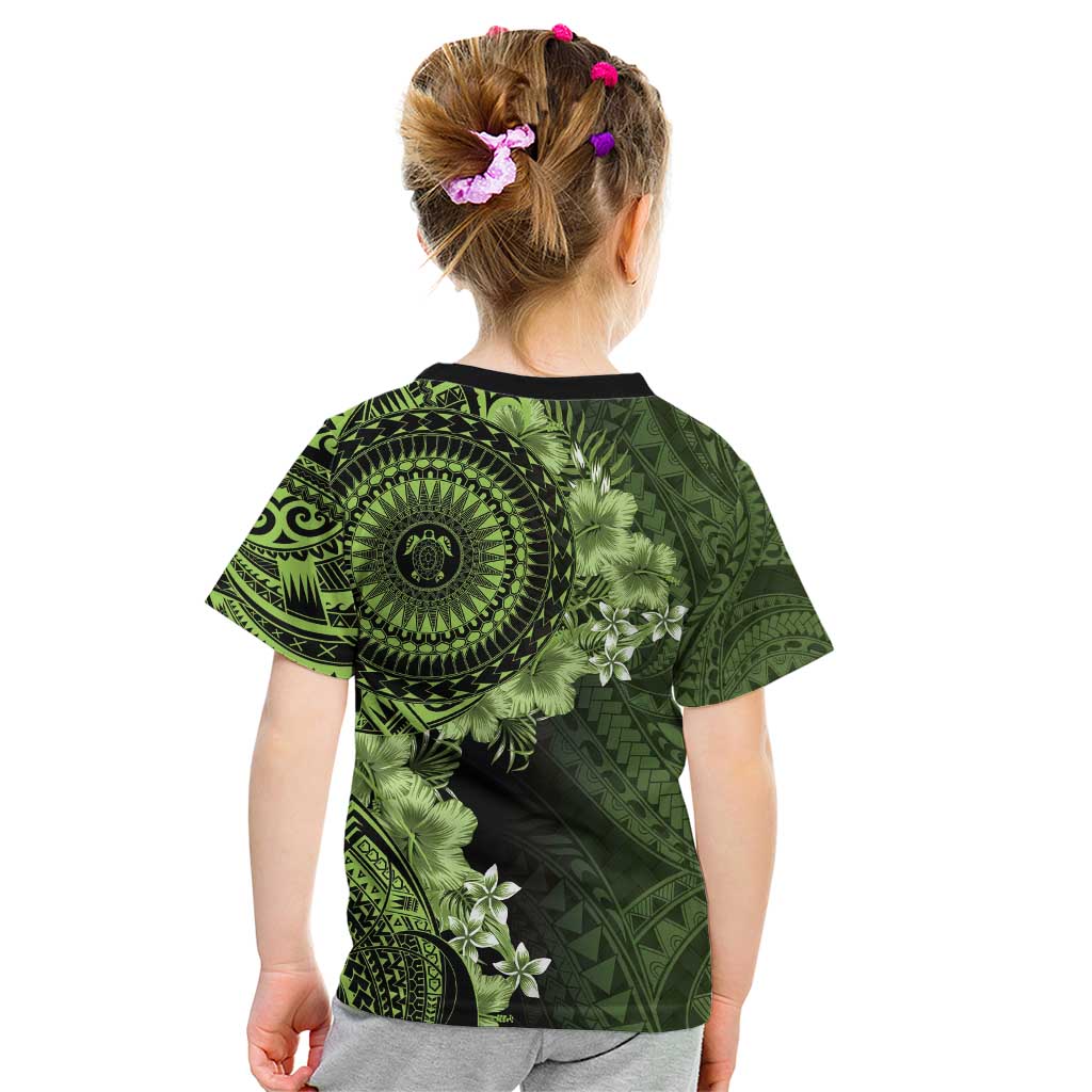 Vanuatu Kid T Shirt Hibisus Polynesian Pattern Green - Polynesian Pride