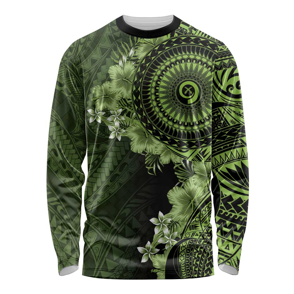 Vanuatu Long Sleeve Shirt Hibisus Polynesian Pattern Green - Polynesian Pride