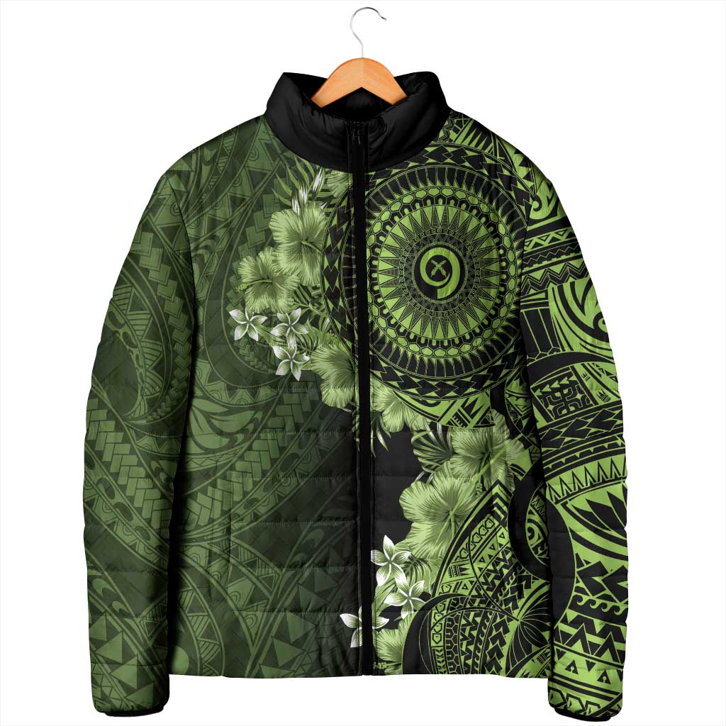 Vanuatu Padded Jacket Hibisus Polynesian Pattern Green - Polynesian Pride