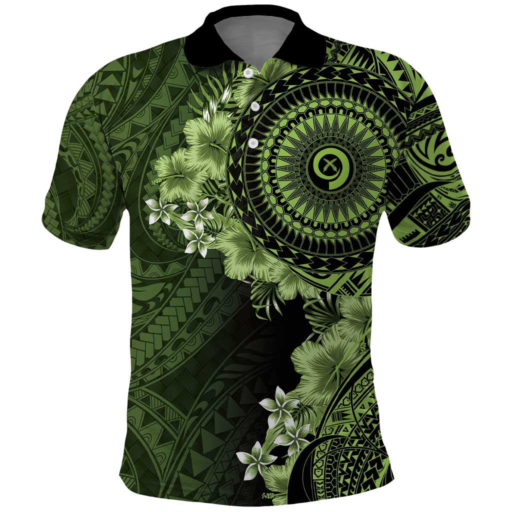 Vanuatu Polo Shirt Hibisus Polynesian Pattern Green - Polynesian Pride
