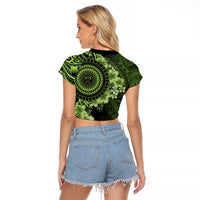 Vanuatu Raglan Cropped T Shirt Hibisus Polynesian Pattern Green - Polynesian Pride