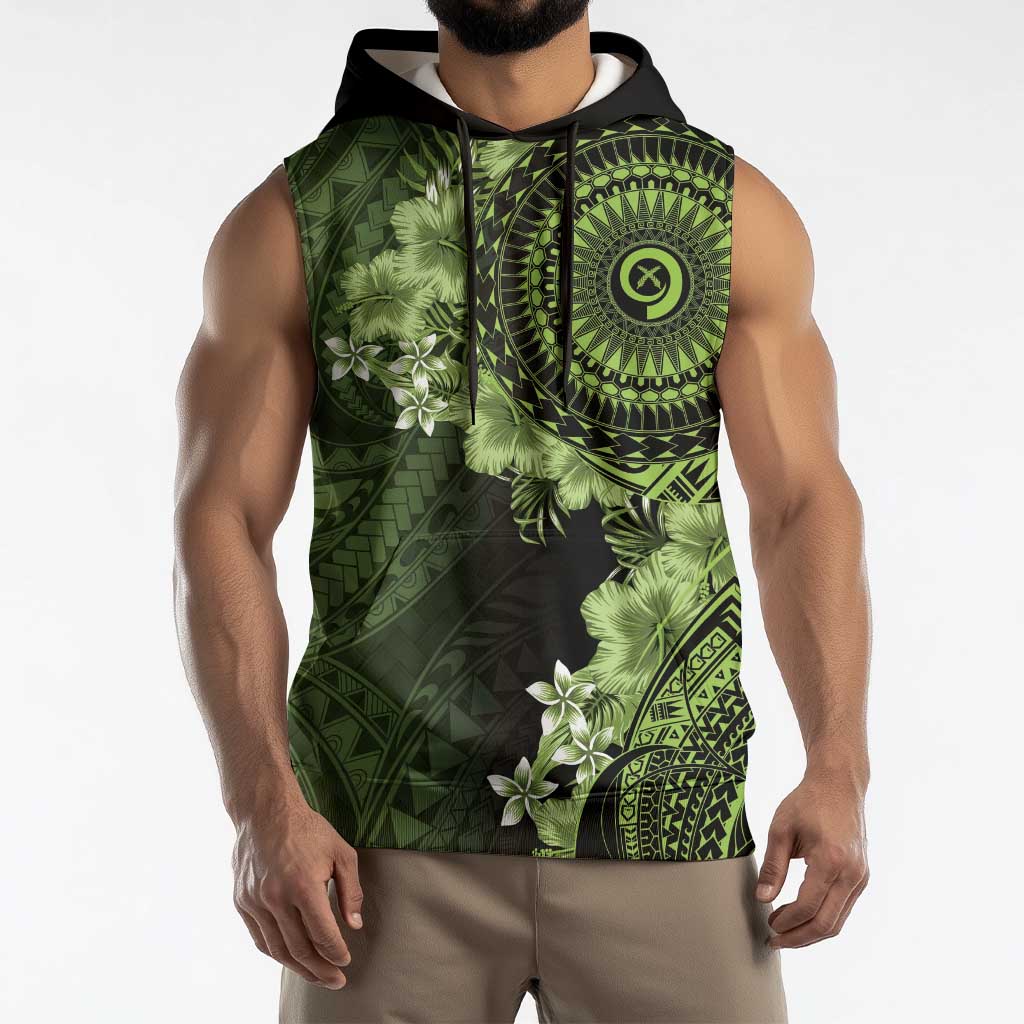 Vanuatu Sleeveless Hoodie Hibisus Polynesian Pattern Green LT14 - Polynesian Pride