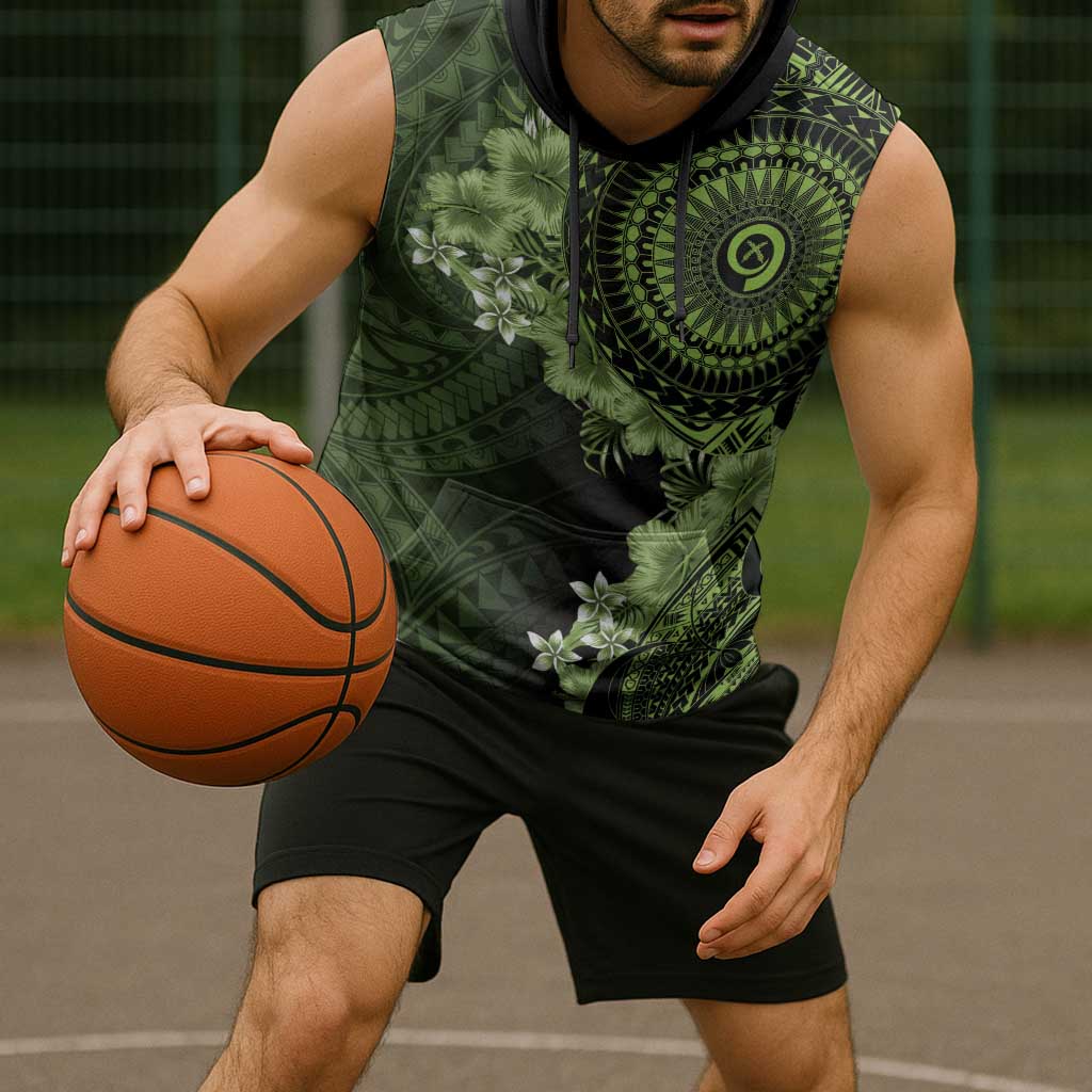 Vanuatu Sleeveless Hoodie Hibisus Polynesian Pattern Green LT14 - Polynesian Pride