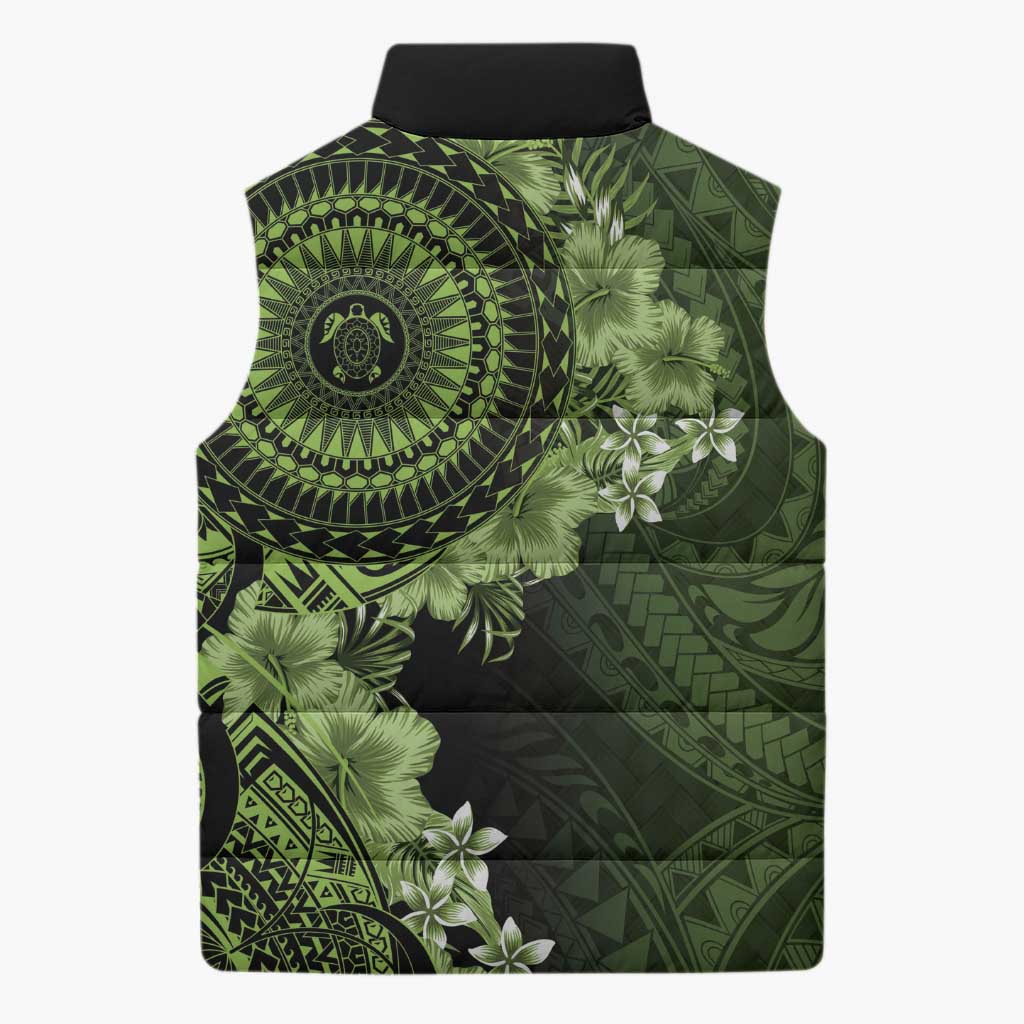 Vanuatu Sleeveless Puffer Jacket Hibisus Polynesian Pattern Green - Polynesian Pride