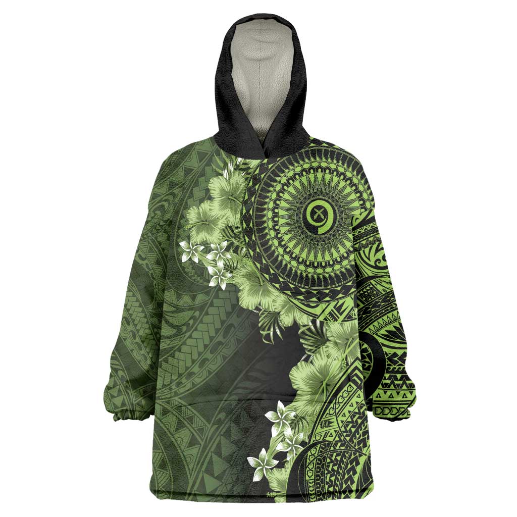 Vanuatu Wearable Blanket Hoodie Hibisus Polynesian Pattern Green - Polynesian Pride