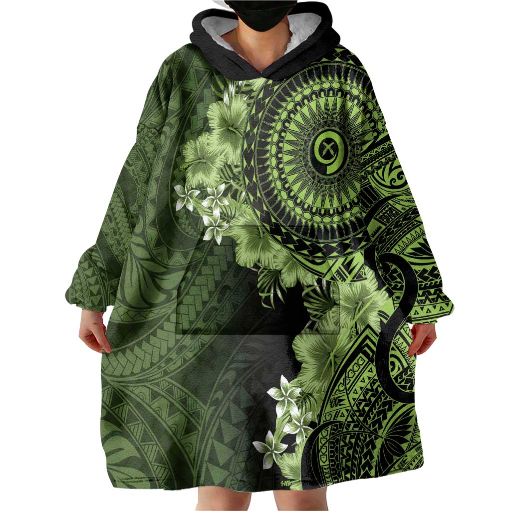 Vanuatu Wearable Blanket Hoodie Hibisus Polynesian Pattern Green LT14 - Polynesian Pride