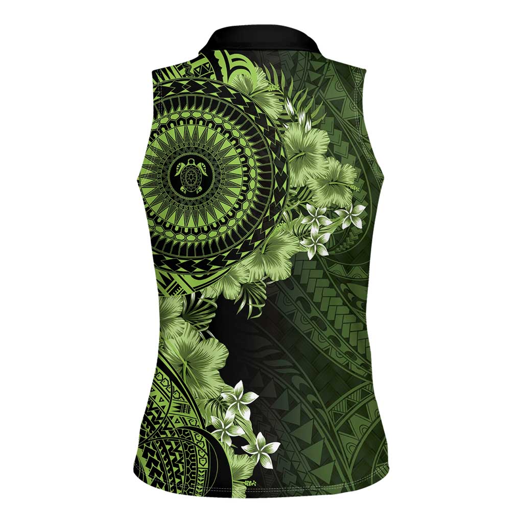 Vanuatu Women Sleeveless Polo Shirt Hibisus Polynesian Pattern Green - Polynesian Pride