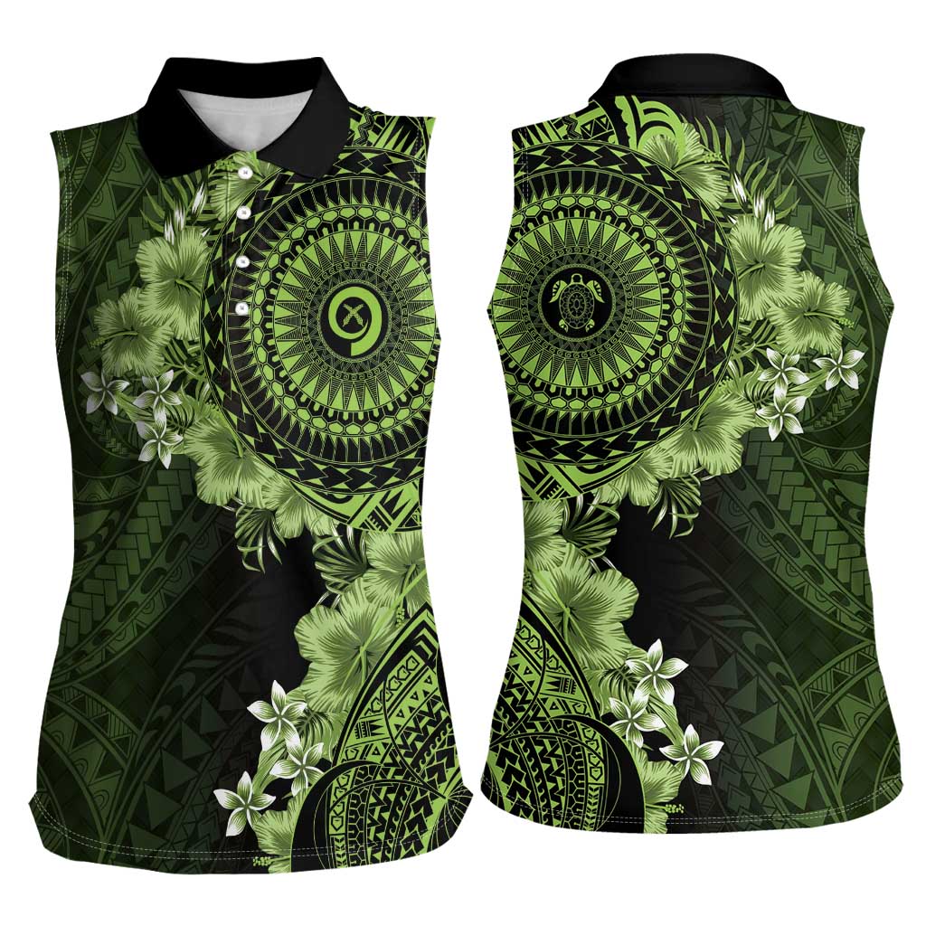 Vanuatu Women Sleeveless Polo Shirt Hibisus Polynesian Pattern Green - Polynesian Pride