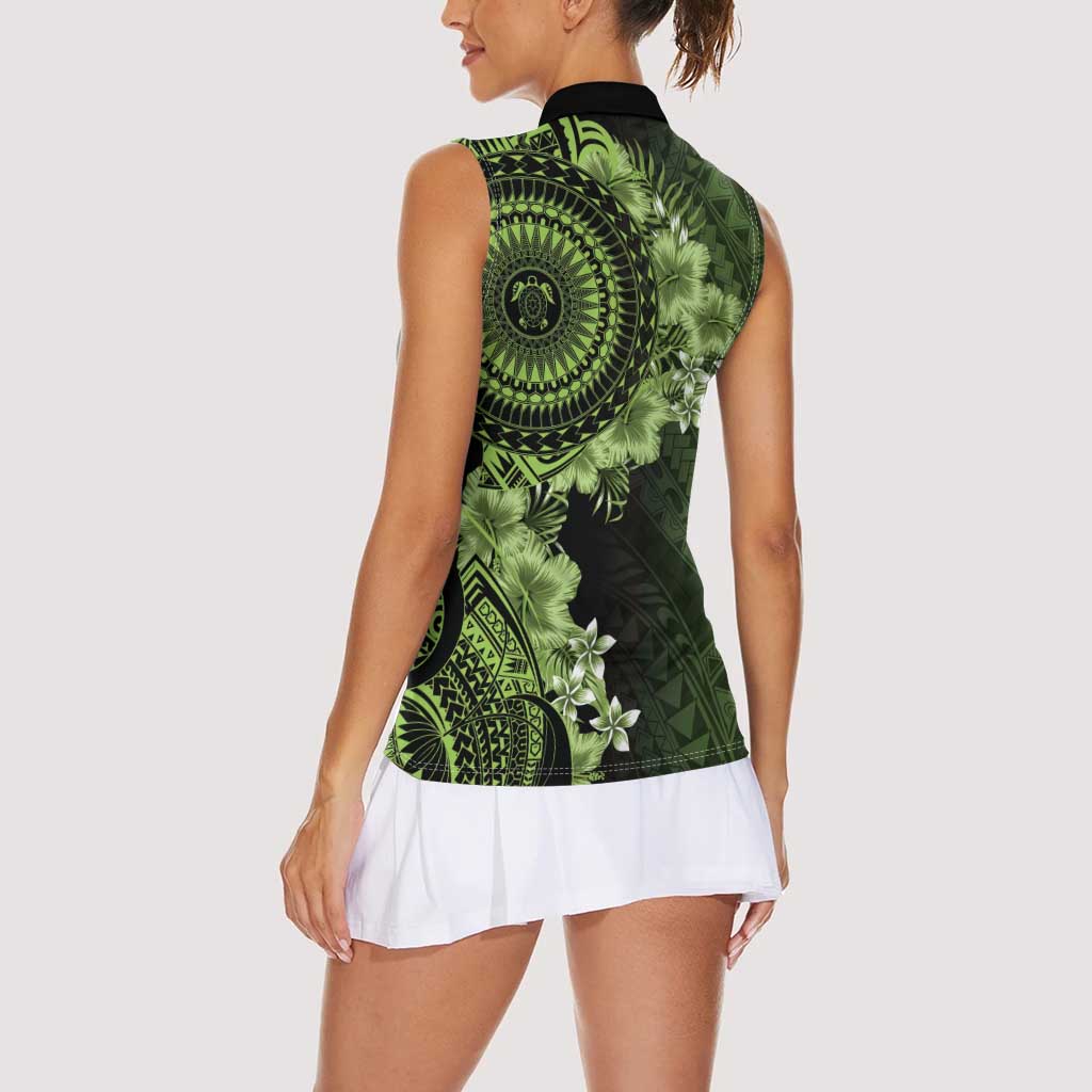 Vanuatu Women Sleeveless Polo Shirt Hibisus Polynesian Pattern Green - Polynesian Pride