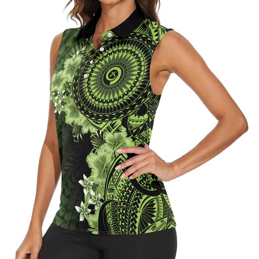 Vanuatu Women Sleeveless Polo Shirt Hibisus Polynesian Pattern Green - Polynesian Pride
