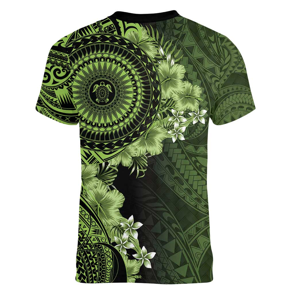 Vanuatu Women V-Neck T-Shirt Hibisus Polynesian Pattern Green - Polynesian Pride