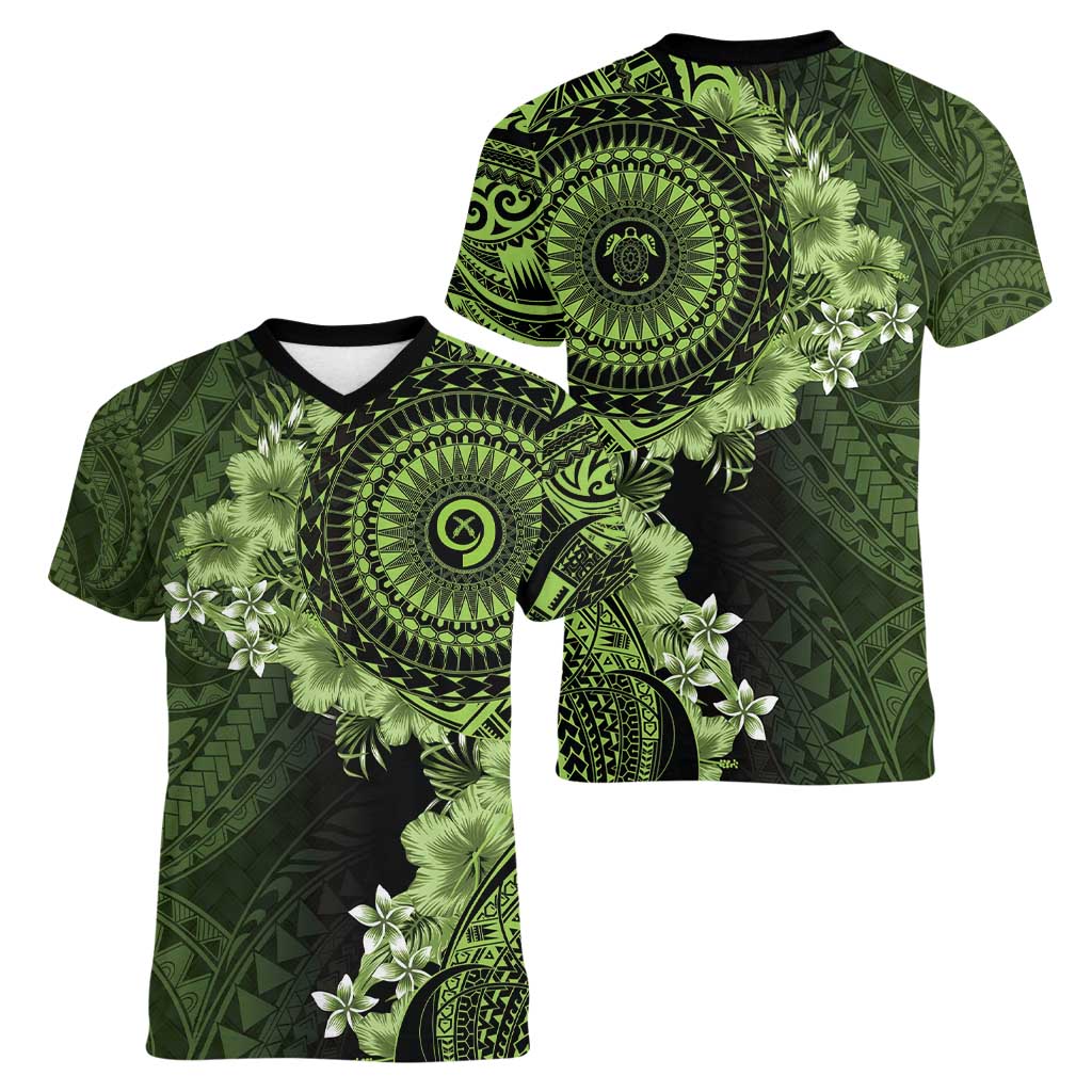 Vanuatu Women V-Neck T-Shirt Hibisus Polynesian Pattern Green - Polynesian Pride