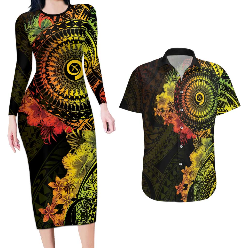 Vanuatu Couples Matching Long Sleeve Bodycon Dress and Hawaiian Shirt Hibisus Polynesian Pattern Reggae - Polynesian Pride
