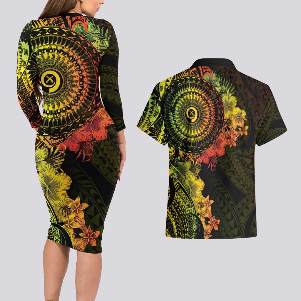 Vanuatu Couples Matching Long Sleeve Bodycon Dress and Hawaiian Shirt Hibisus Polynesian Pattern Reggae - Polynesian Pride